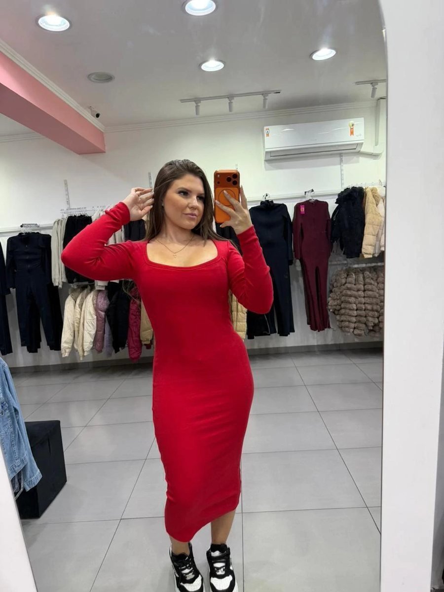 Vestido Ribana Midi Gola Quadrada Com Manga Longa Vermelho