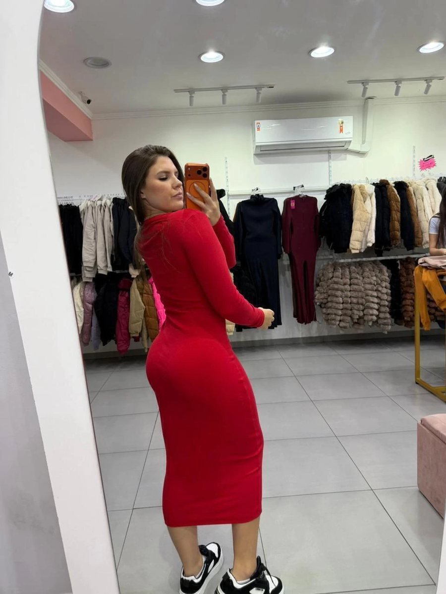 Vestido Ribana Midi Gola Quadrada Com Manga Longa Vermelho, foto 2