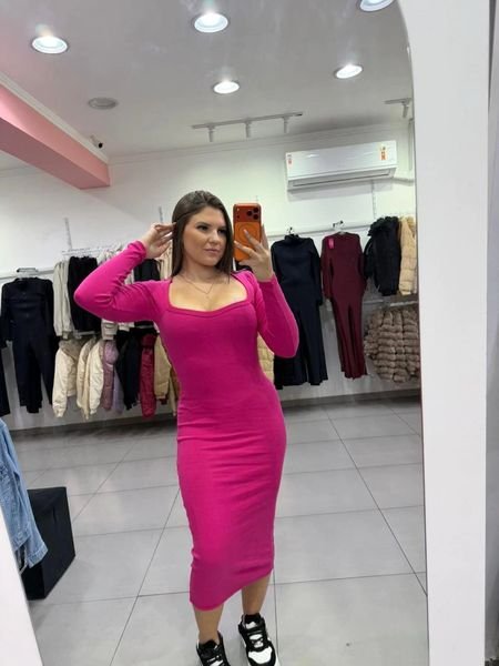Vestido Ribana Midi Gola Quadrada Com Manga Longa Rosa Pink