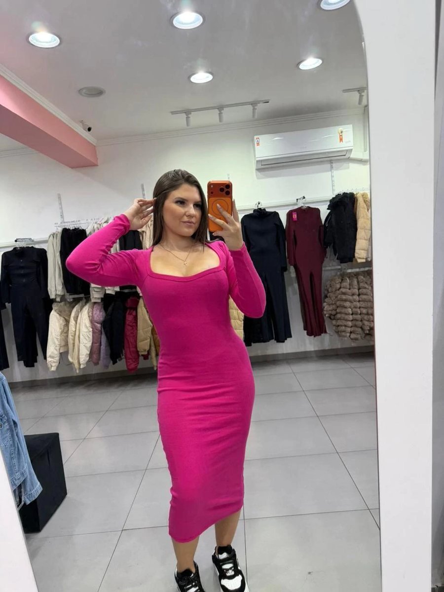 Vestido Ribana Midi Gola Quadrada Com Manga Longa Rosa Pink