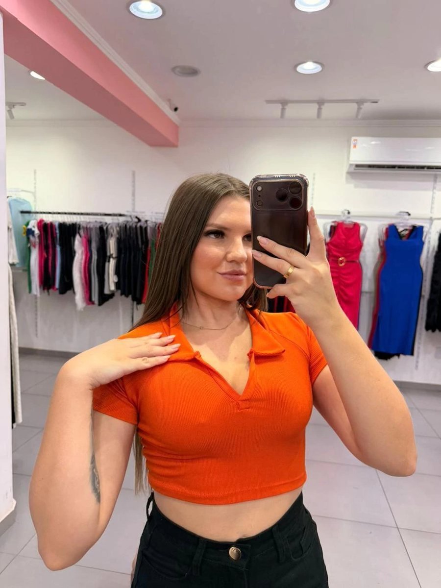 Cropped canelado gola em V Laranja