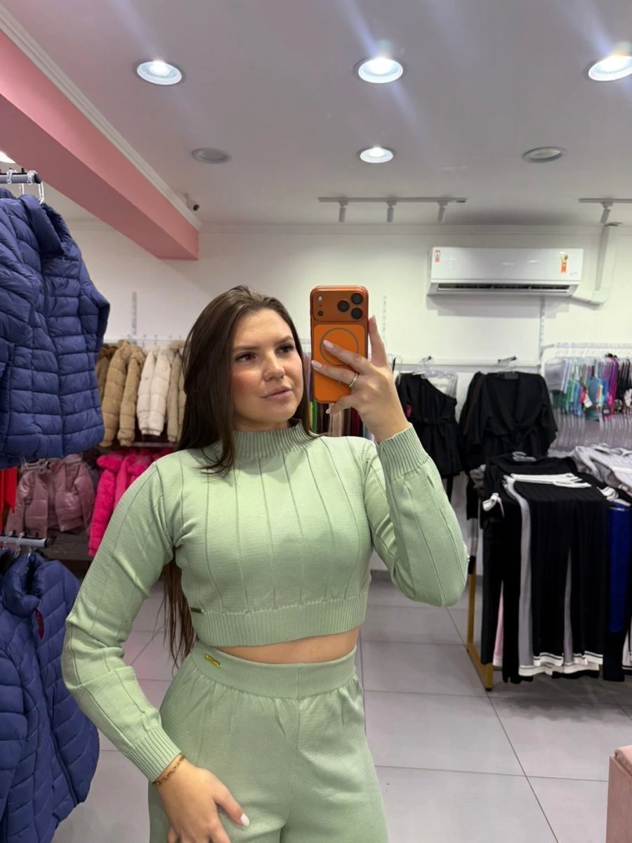 Conjunto Luxxo Cropped Com Detalhes Linhas E Gola Calça Pantalona Verde, foto 3
