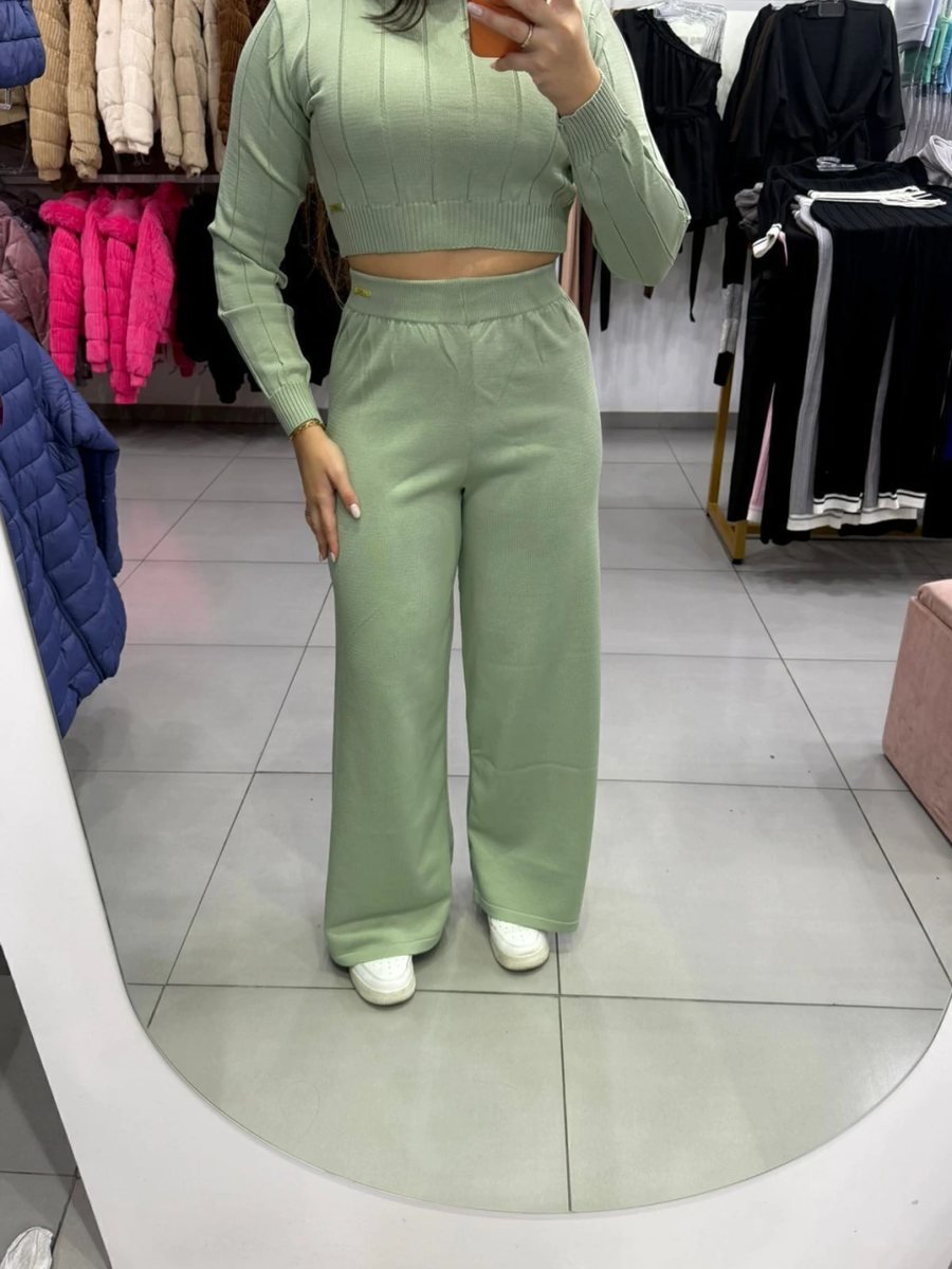 Conjunto Luxxo Cropped Com Detalhes Linhas E Gola Calça Pantalona Verde, foto 4