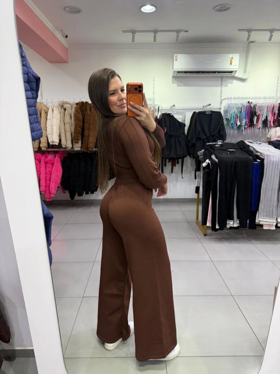 Conjunto Luxxo Cropped Com Detalhes Linhas E Gola Calça Pantalona Marrom Escuro, foto 2