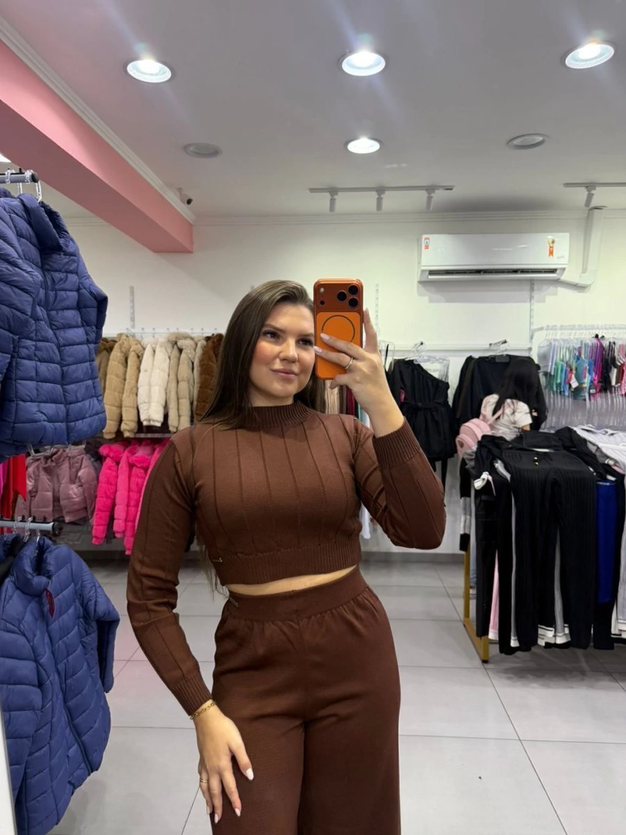 Conjunto Luxxo Cropped Com Detalhes Linhas E Gola Calça Pantalona Marrom Escuro, foto 3