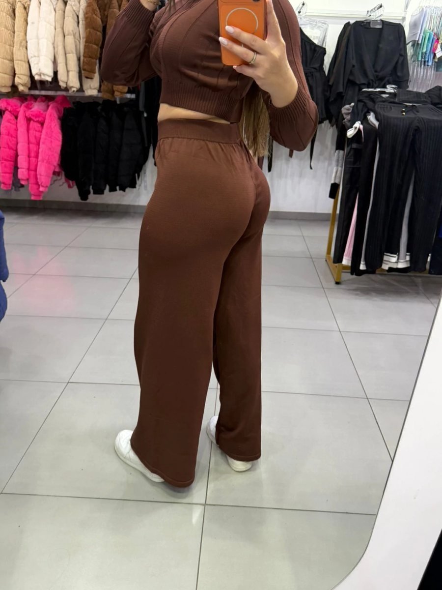Conjunto Luxxo Cropped Com Detalhes Linhas E Gola Calça Pantalona Marrom Escuro, foto 4