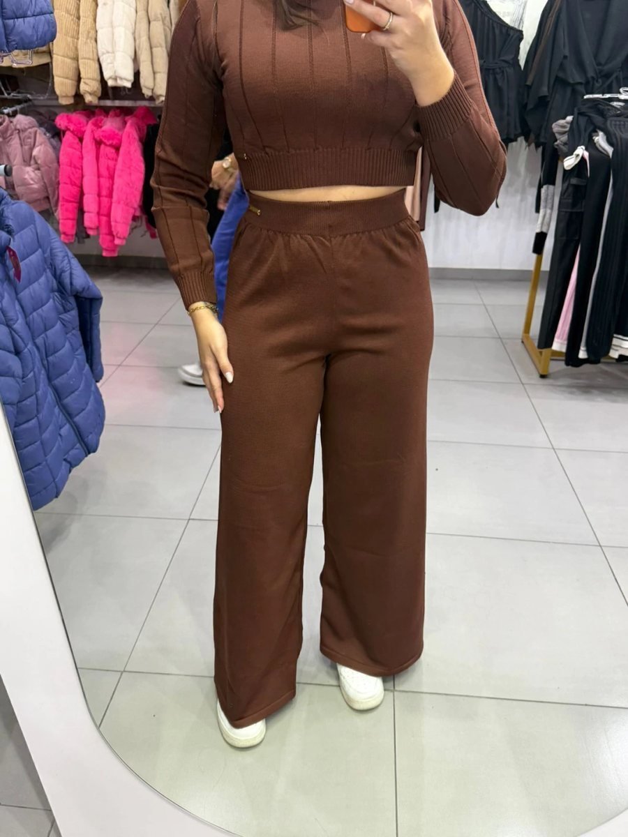Conjunto Luxxo Cropped Com Detalhes Linhas E Gola Calça Pantalona Marrom Escuro, foto 5