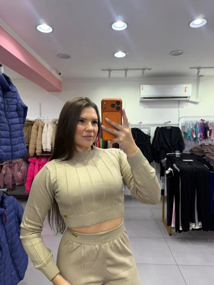 Conjunto Luxxo Cropped Com Detalhes Linhas E Gola Calça Pantalona Bege, foto 3