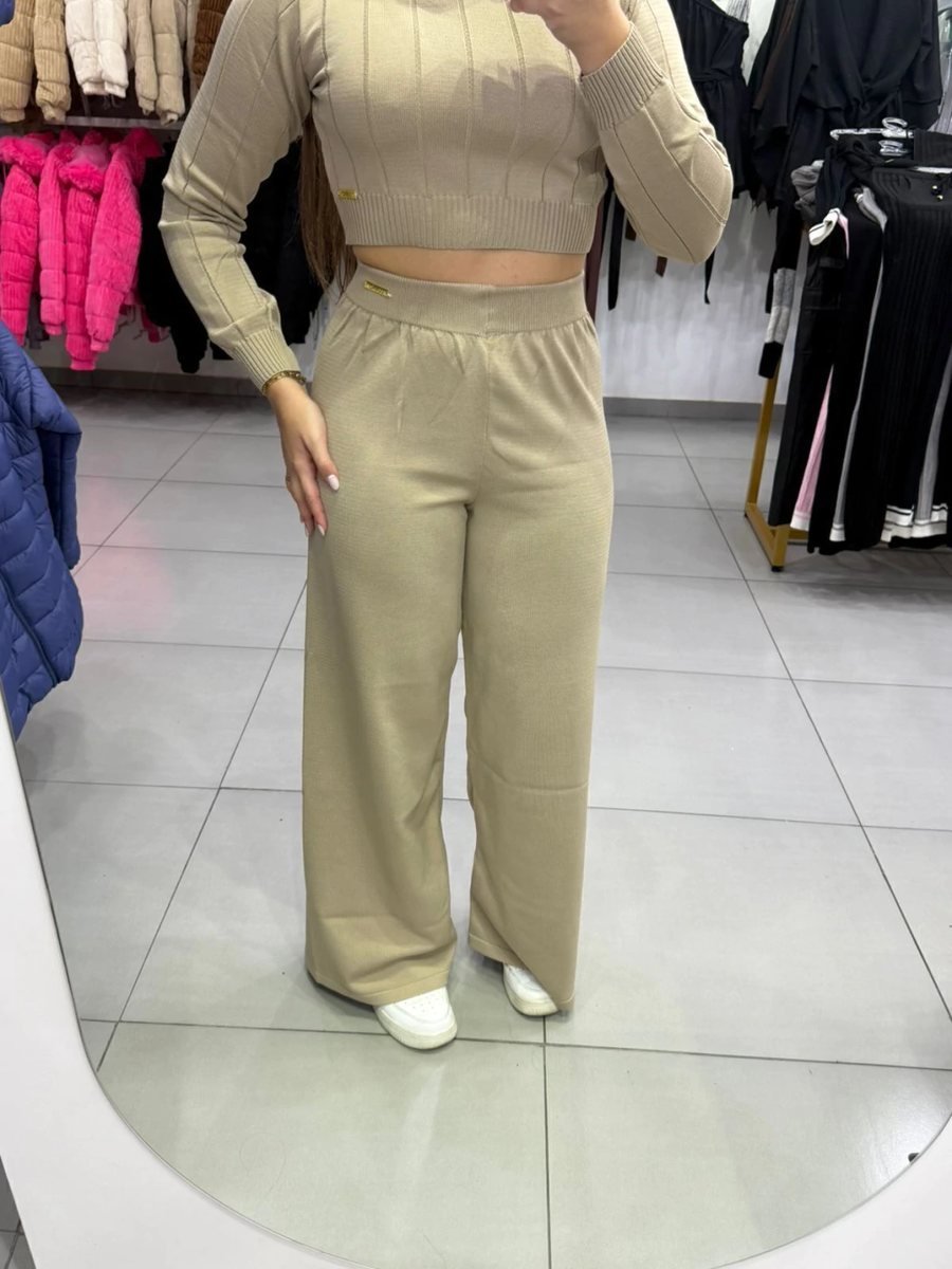 Conjunto Luxxo Cropped Com Detalhes Linhas E Gola Calça Pantalona Bege, foto 4