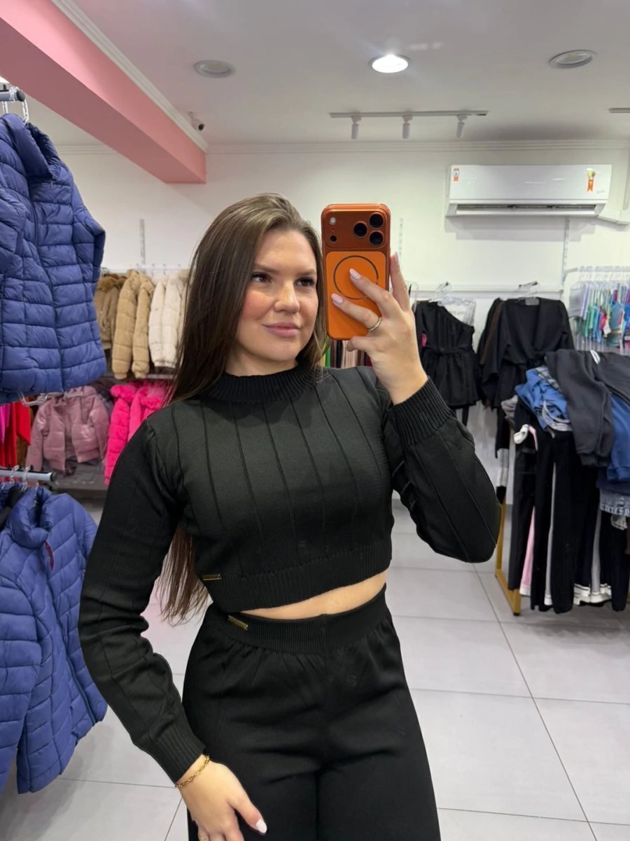 Conjunto Luxxo Cropped Com Detalhes Linhas E Gola Calça Pantalona Preto, foto 3