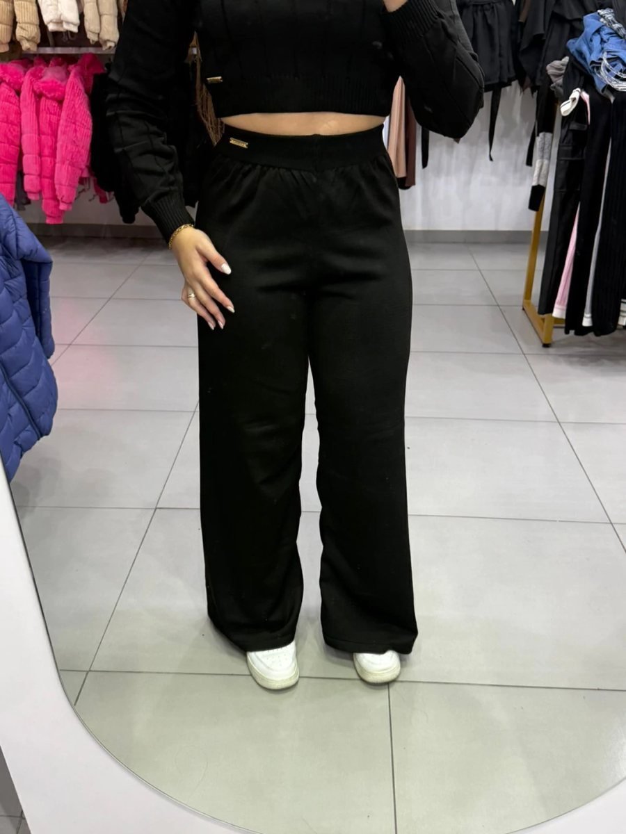 Conjunto Luxxo Cropped Com Detalhes Linhas E Gola Calça Pantalona Preto, foto 5