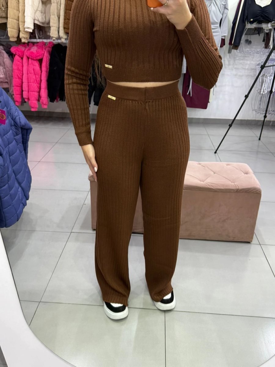 Conjunto Luxxo Modal Cropped Com Amarração Atrás E Abertura Nas Costas Calça Pantalona Marrom, foto 5