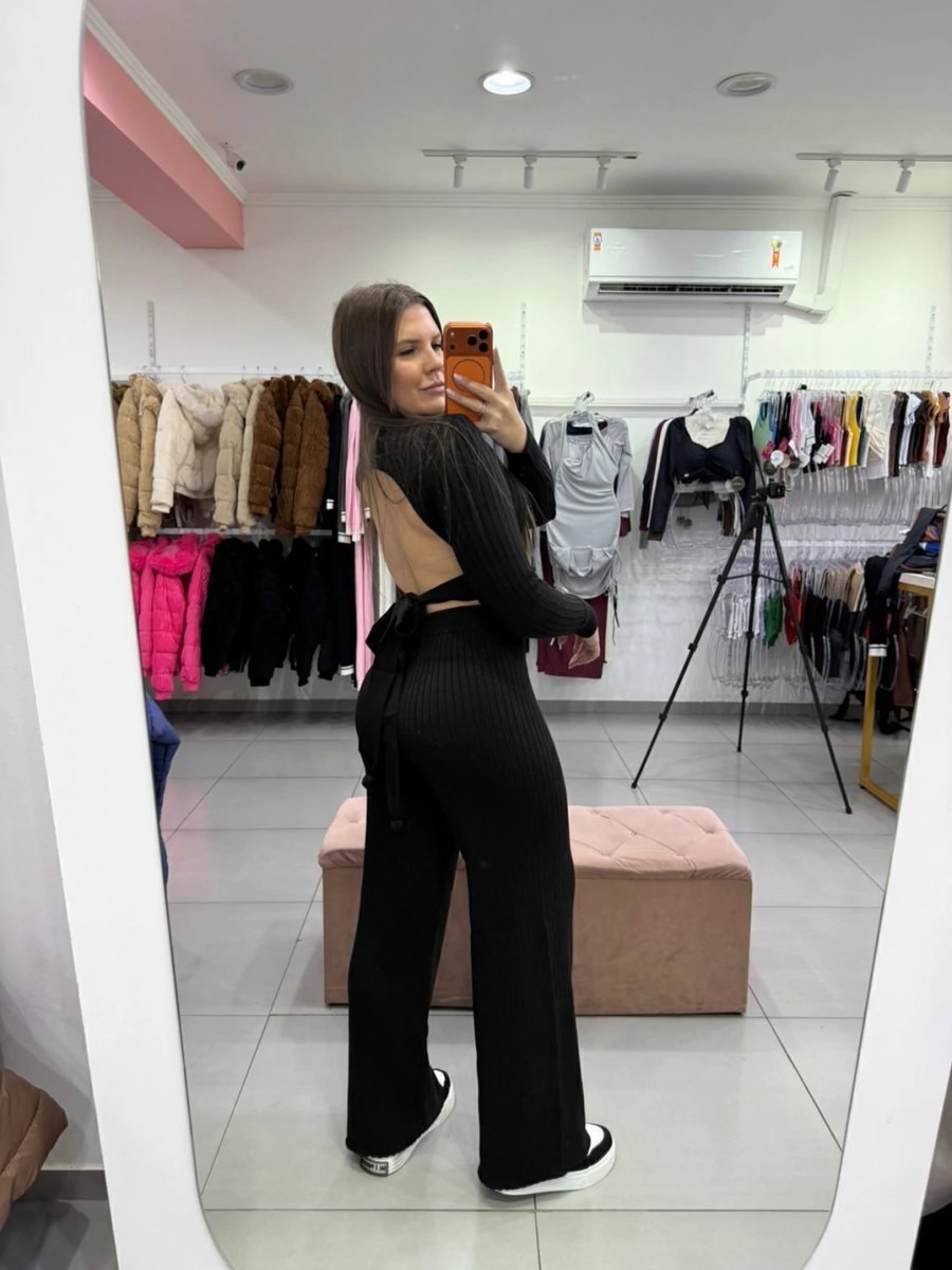 Conjunto Luxxo Modal Cropped Com Amarração Atrás E Abertura Nas Costas Calça Pantalona Preto, foto 2