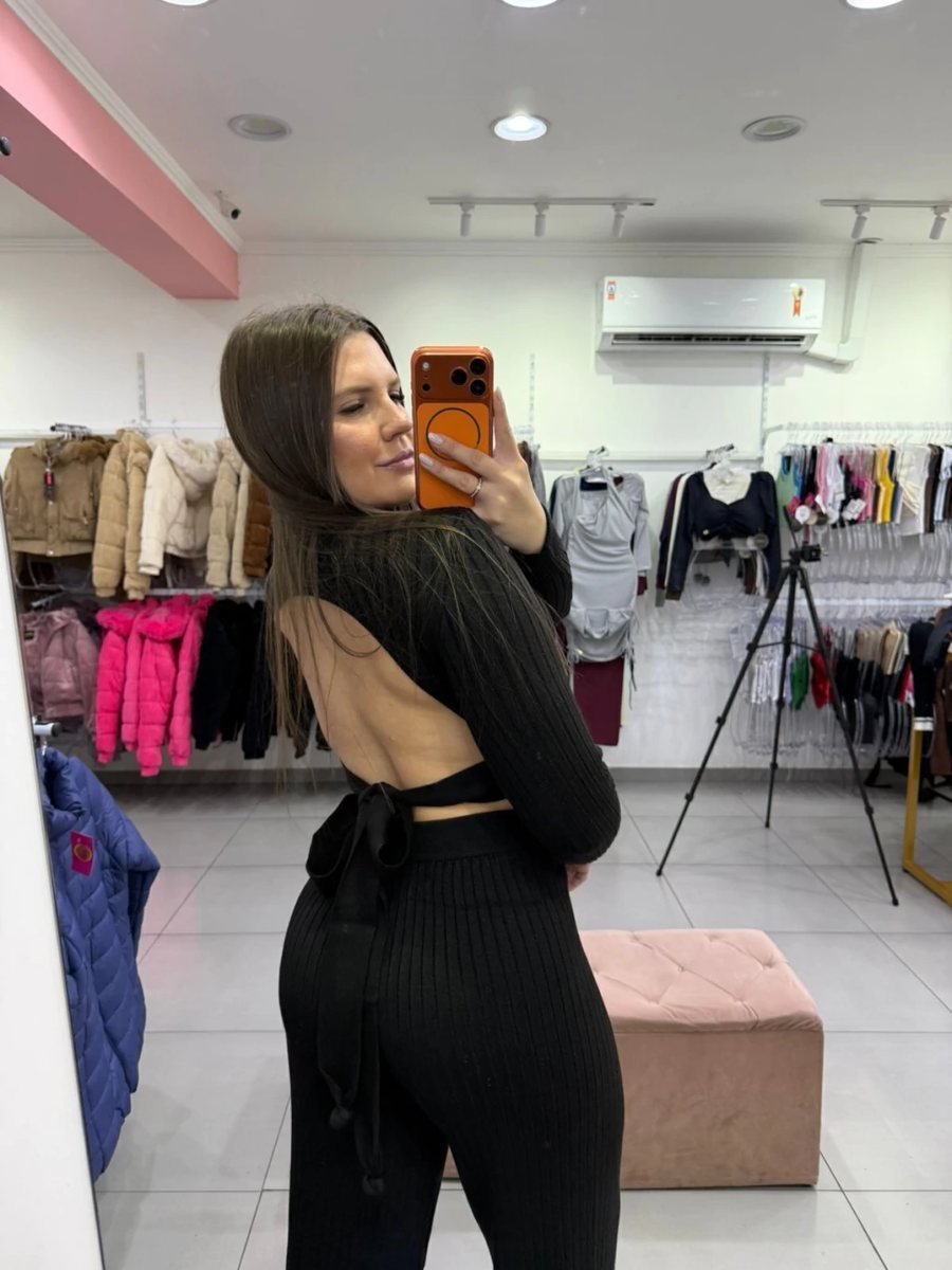 Conjunto Luxxo Modal Cropped Com Amarração Atrás E Abertura Nas Costas Calça Pantalona Preto, foto 4