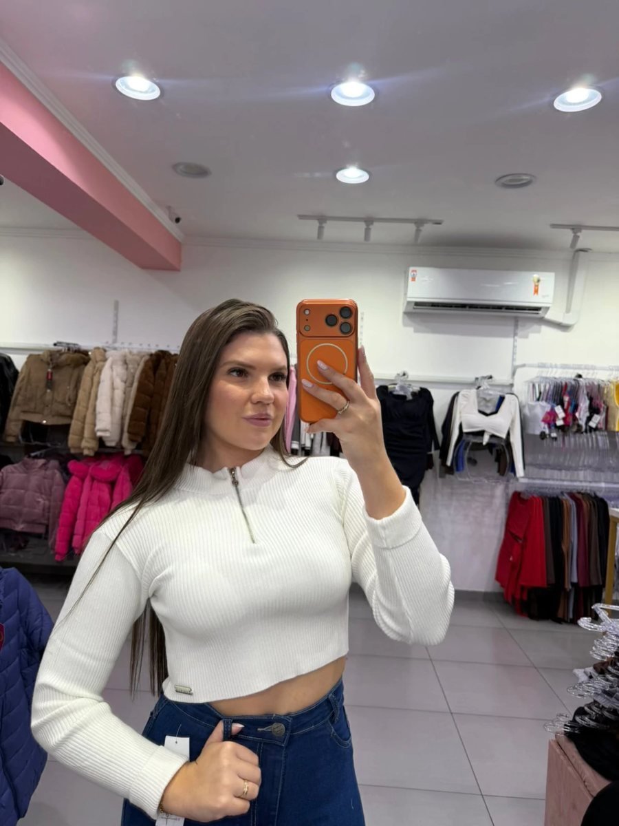 Cropped Luxxo Modal Com Ziper E Punho Dobrado Branco