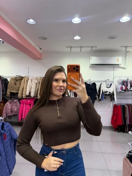 Cropped Luxxo Modal Com Ziper E Punho Dobrado Marrom