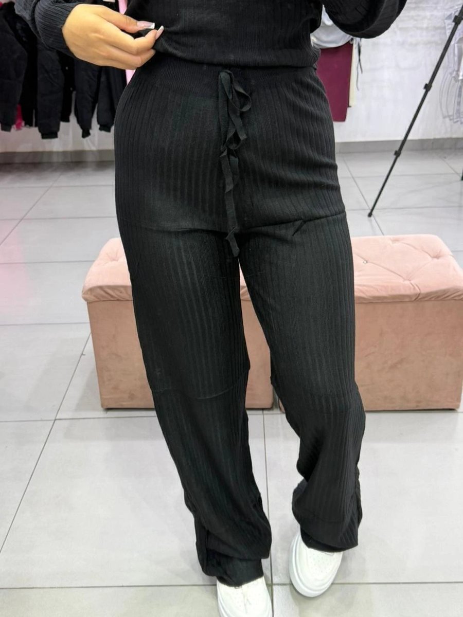 Conjunto Modal Mousse Blusa Manga Longa Com Calça Pantalona Cordinha Regulagem Preto, foto 4