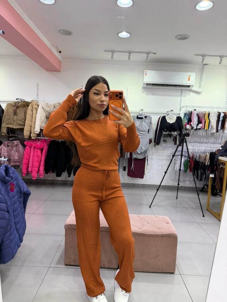 Conjunto Modal Mousse Blusa Manga Longa Com Calça Pantalona Cordinha Regulagem Bege