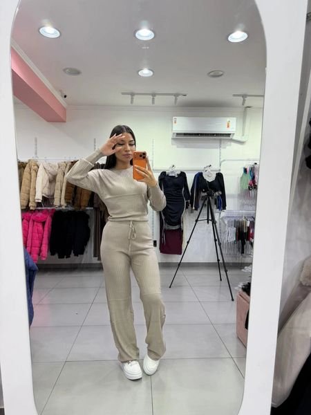 Conjunto Modal Mousse Blusa Manga Longa Com Calça Pantalona Cordinha Regulagem Nude Escuro