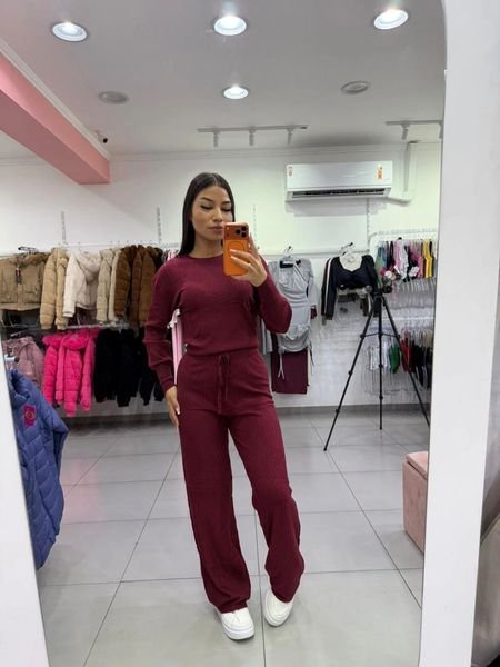 Conjunto Modal Mousse Blusa Manga Longa Com Calça Pantalona Cordinha Regulagem Bordo