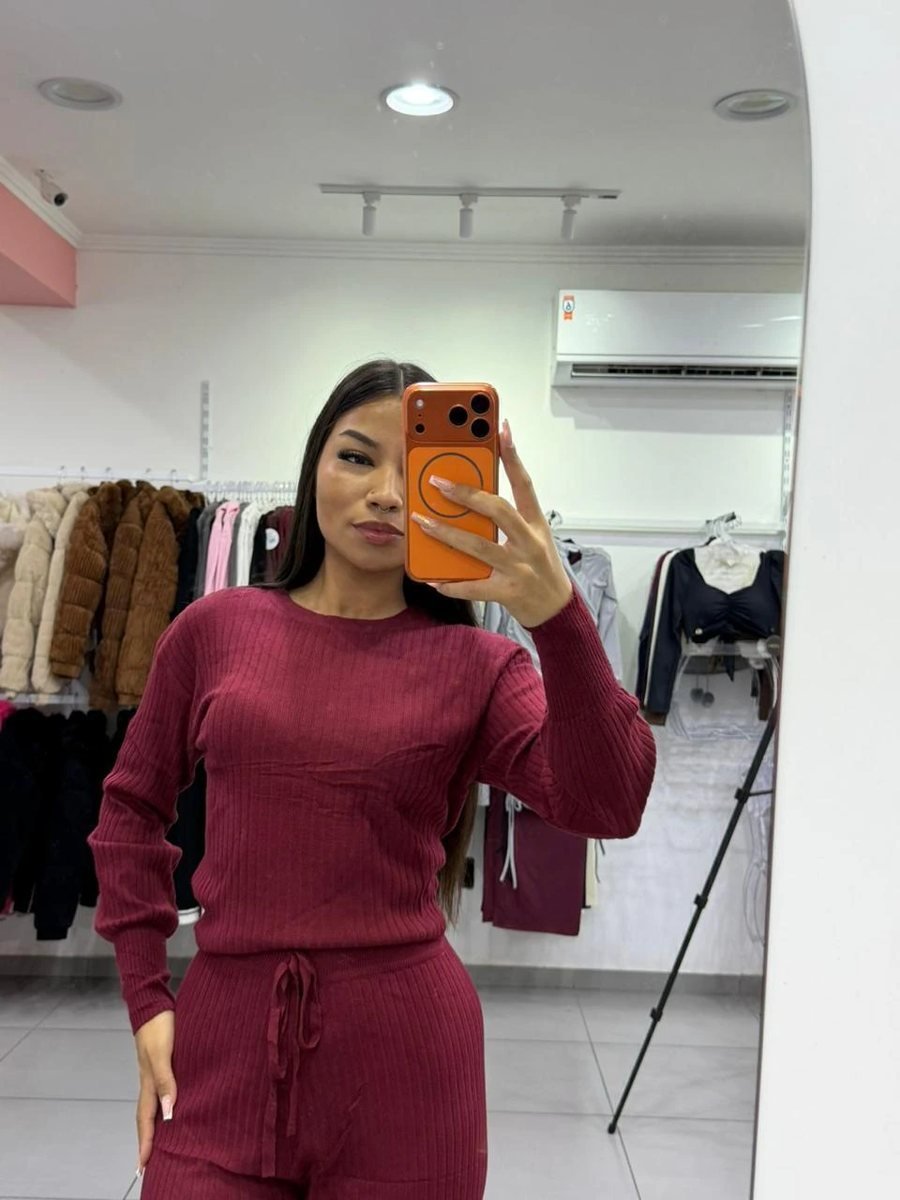 Conjunto Modal Mousse Blusa Manga Longa Com Calça Pantalona Cordinha Regulagem Bordo, foto 3