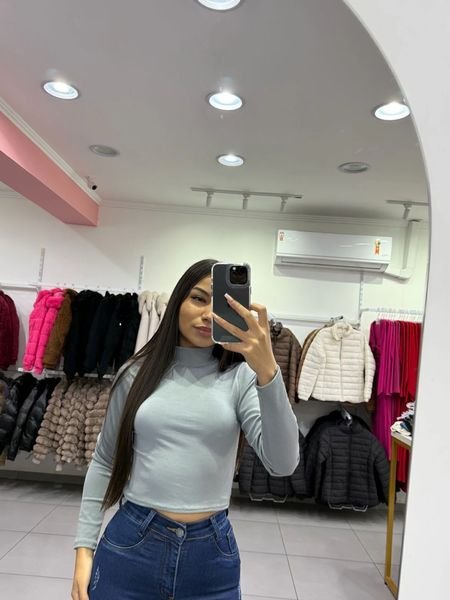 Cropped Canelado Fino Manga Longa E Gola Alta Cinza