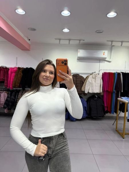 Cropped Canelado Térmico Com Gola Alta E Manga Longa Branco