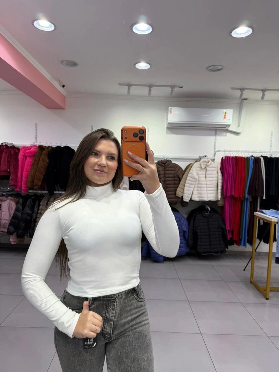 Cropped Canelado Térmico Com Gola Alta E Manga Longa Branco