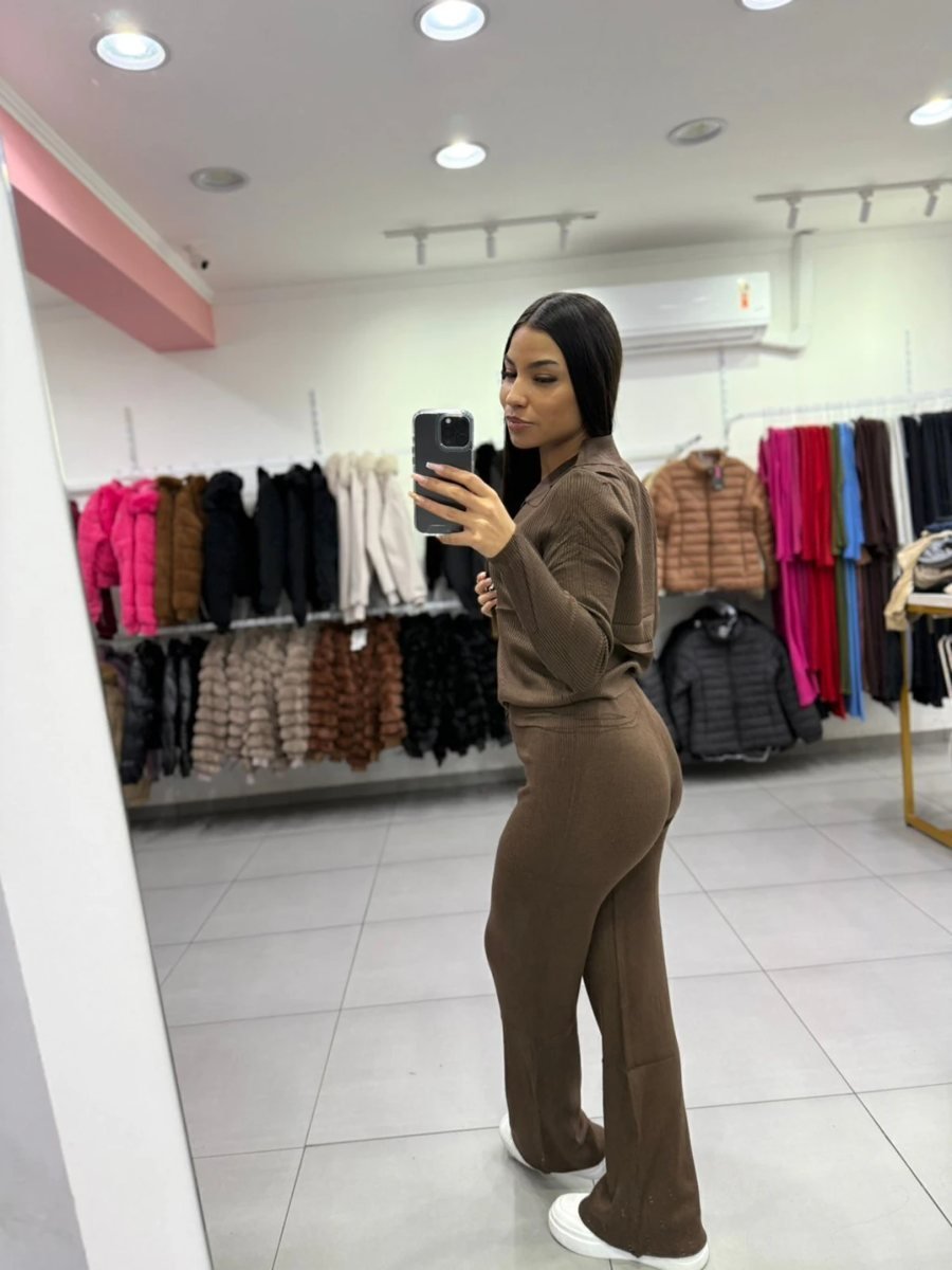 Conjunto Modal Mousse Com Cropped Gola Dobrável E Calça Marrom Escuro, foto 2