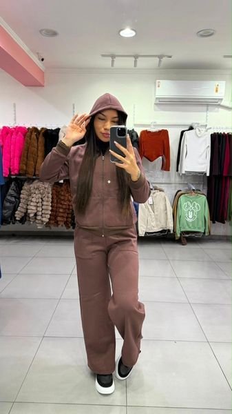 Conjunto Moletom Com Casaco De Ziper e Capuz Com Calça Pantalona Com Bolso Marrom