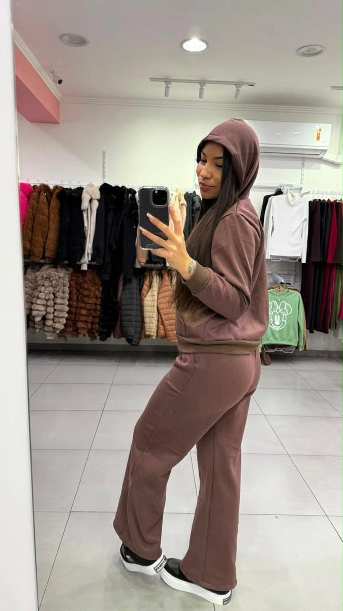 Conjunto Moletom Com Casaco De Ziper e Capuz Com Calça Pantalona Com Bolso Marrom, foto 2