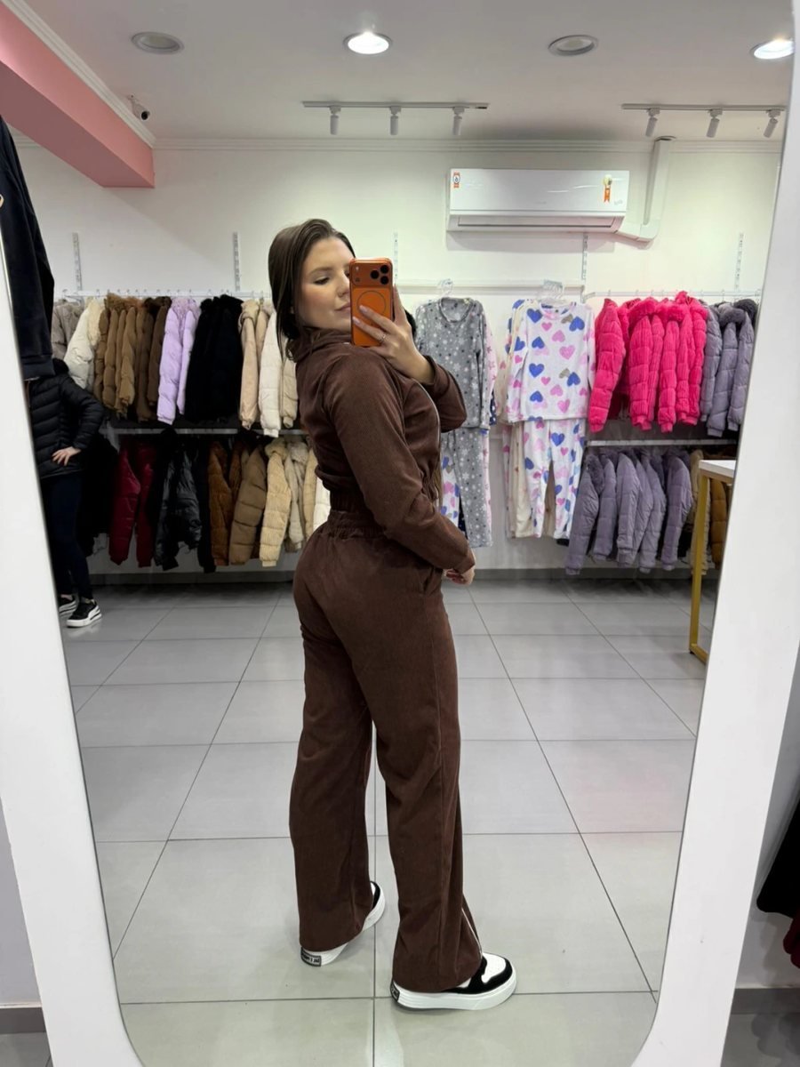 Conjunto Cotelê Casaco Curto Com Zíper E Calça Linha Branca Marrom, foto 2