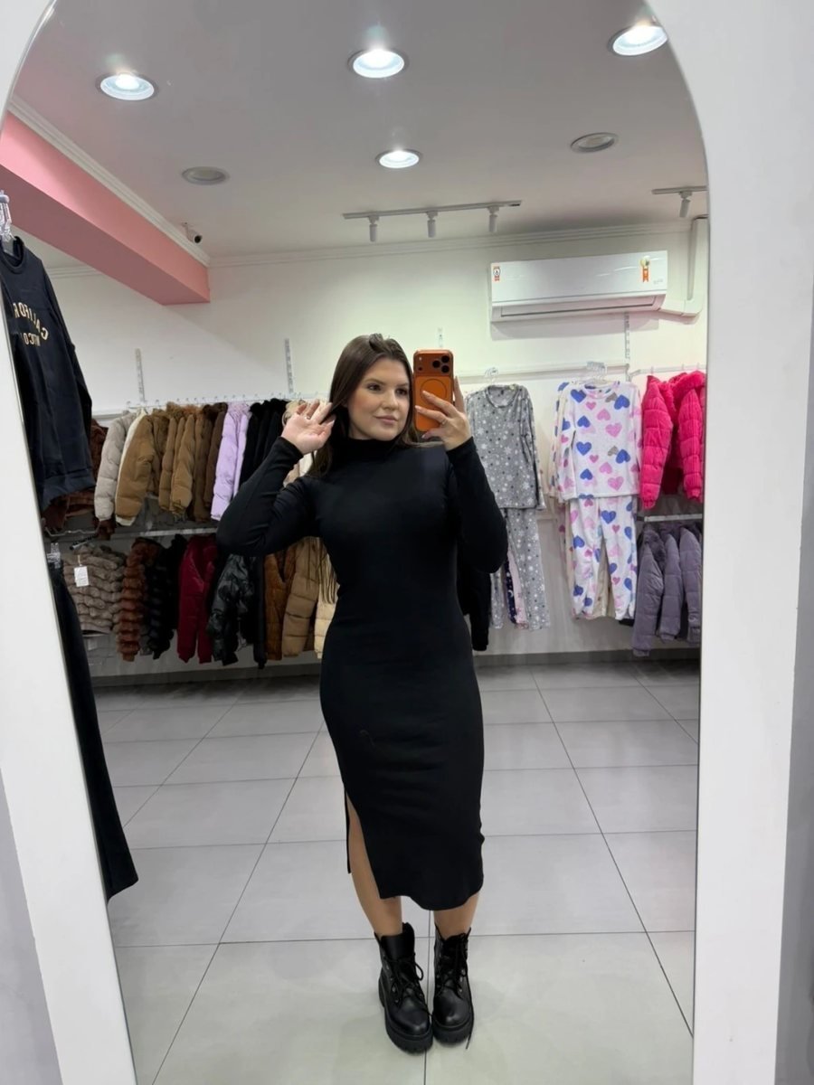 Vestido Mídi Ribana Com Gola E Fenda Lateral Preto, foto 2