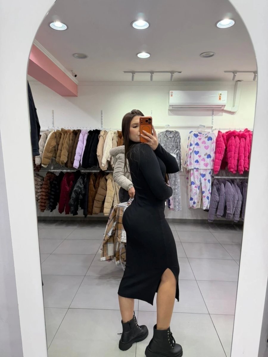 Vestido Mídi Ribana Com Gola E Fenda Lateral Preto, foto 3