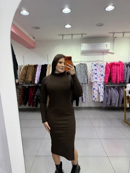 Vestido Mídi Ribana Com Gola E Fenda Lateral Marrom Escuro