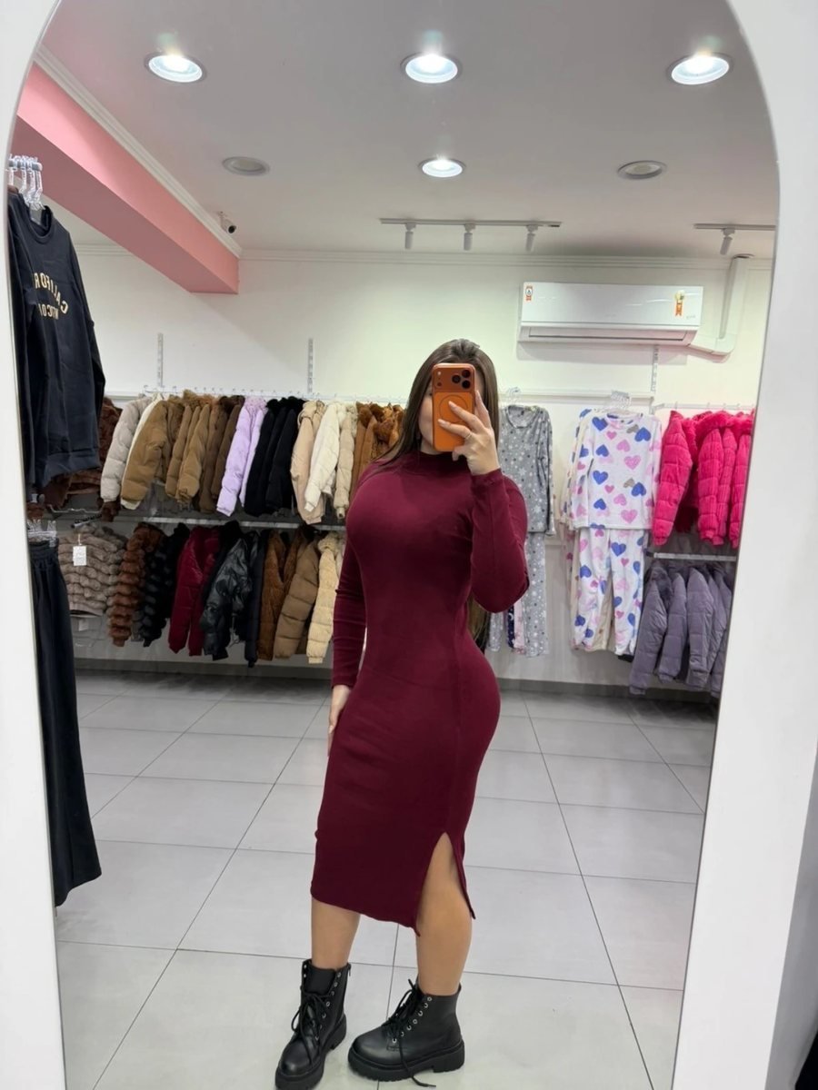 Vestido Mídi Ribana Com Gola E Fenda Lateral Bordo, foto 2