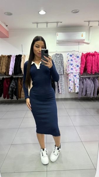 Vestido Canelado Mídi Com Gola Polo Azul