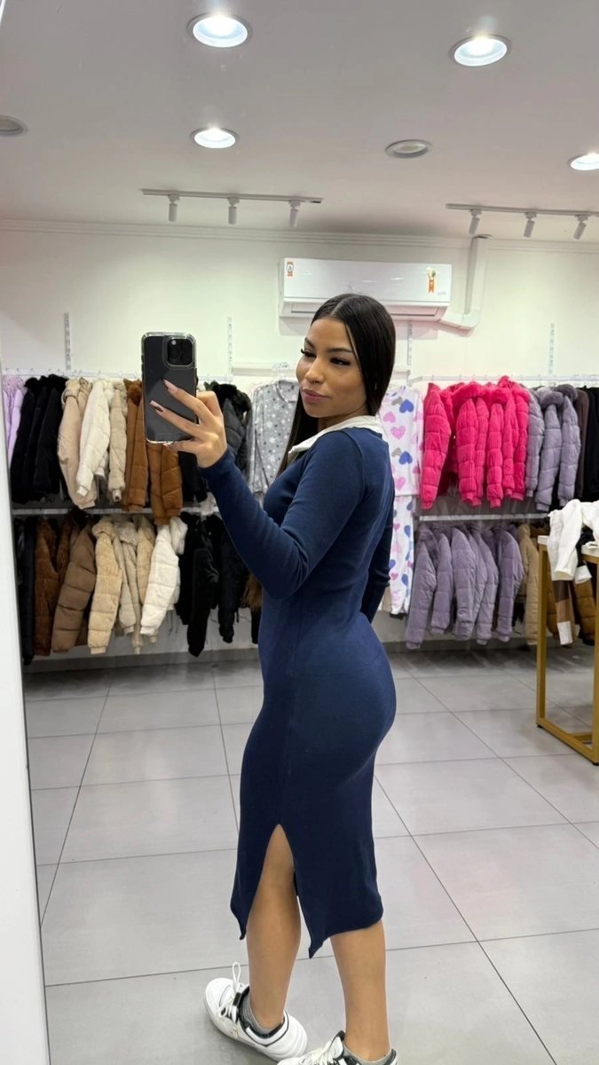 Vestido Canelado Mídi Com Gola Polo Azul, foto 2