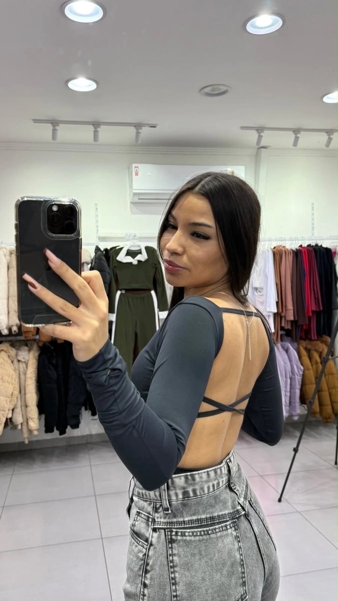 Body Poliamida Com Manga Longa Trançado Nas Costas Preto, foto 2