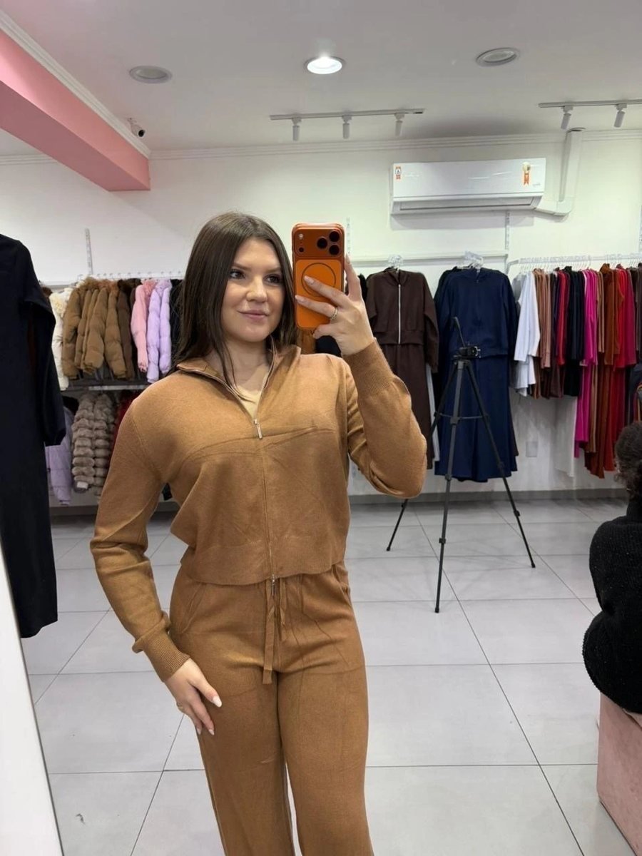 Conjunto Mousse Casaco zíper Com Calça Pantalona Marrom, foto 2