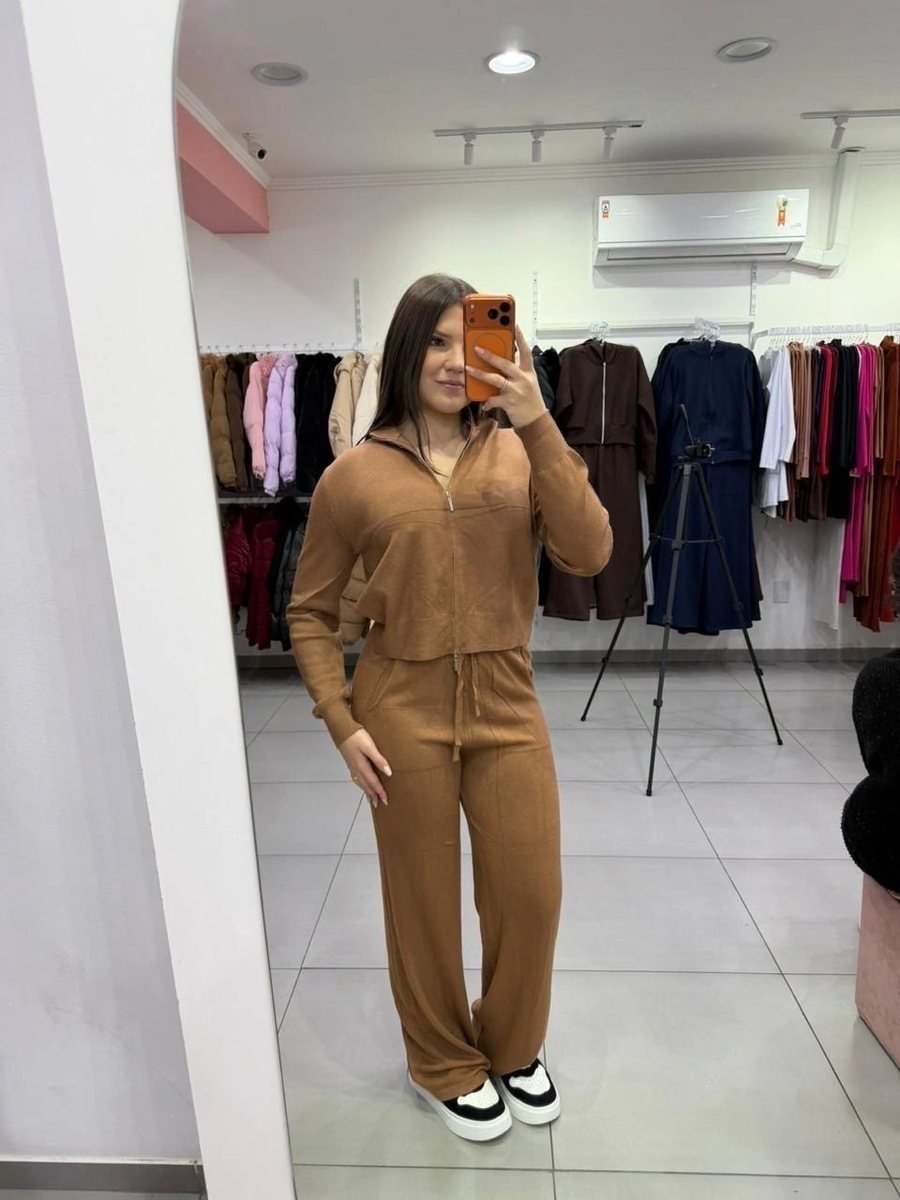 Conjunto Mousse Casaco zíper Com Calça Pantalona Marrom, foto 3