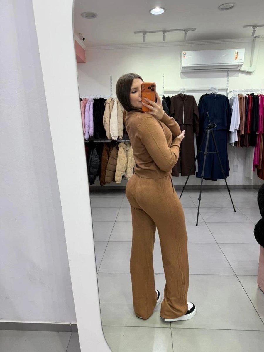 Conjunto Mousse Casaco zíper Com Calça Pantalona Marrom, foto 4