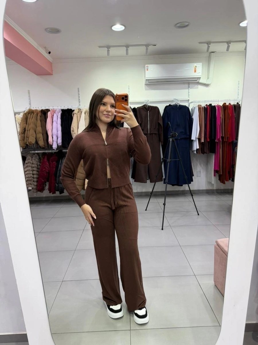 Conjunto Mousse Casaco zíper Com Calça Pantalona Marrom Escuro, foto 2