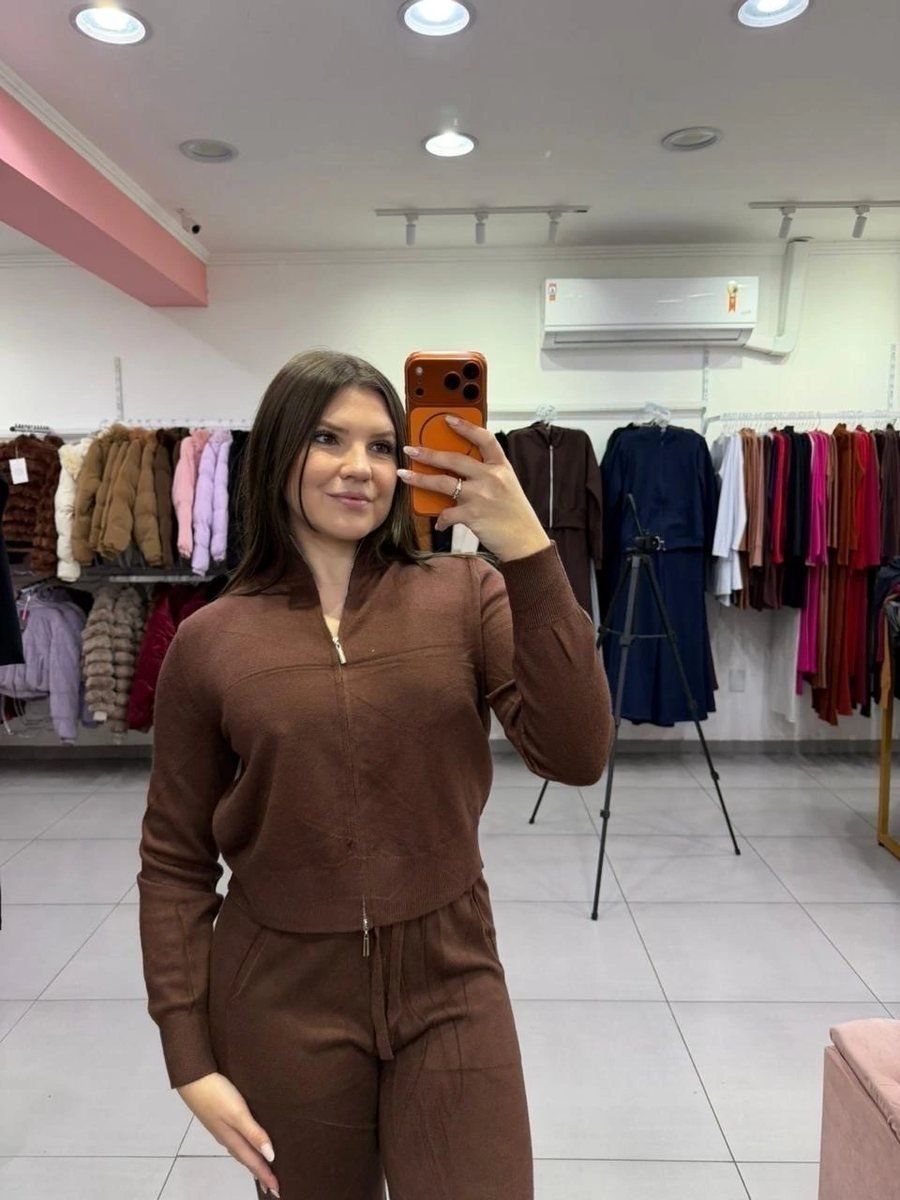 Conjunto Mousse Casaco zíper Com Calça Pantalona Marrom Escuro, foto 3