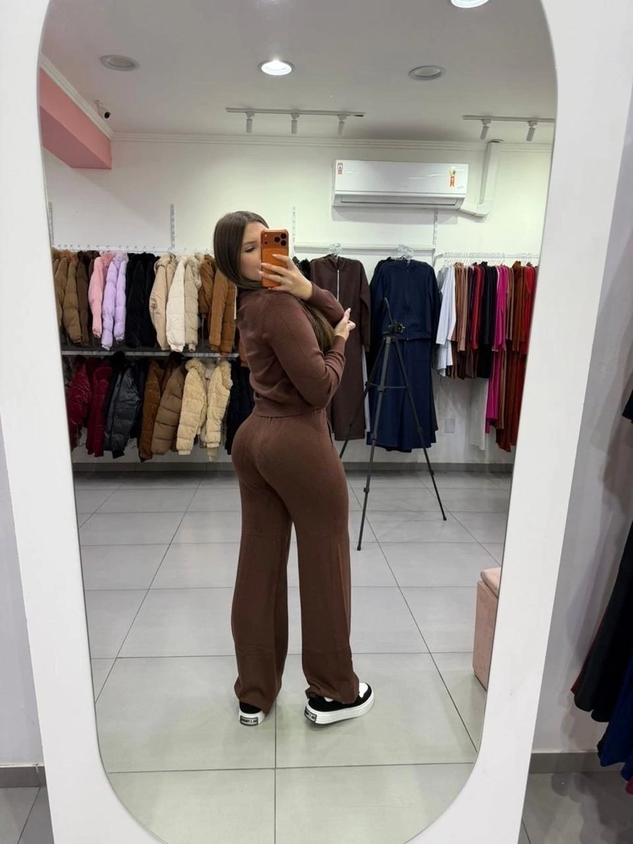 Conjunto Mousse Casaco zíper Com Calça Pantalona Marrom Escuro, foto 4
