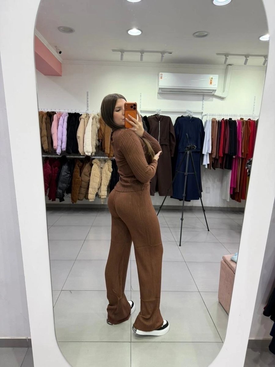 Conjunto Modal Mousse Blusa Botões Gola Polo E Calça Pantalona Marrom Escuro, foto 2