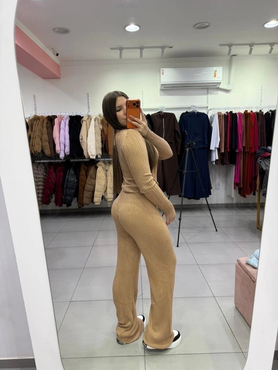 Conjunto Modal Mousse Blusa Botões Gola Polo E Calça Pantalona Nude, foto 2