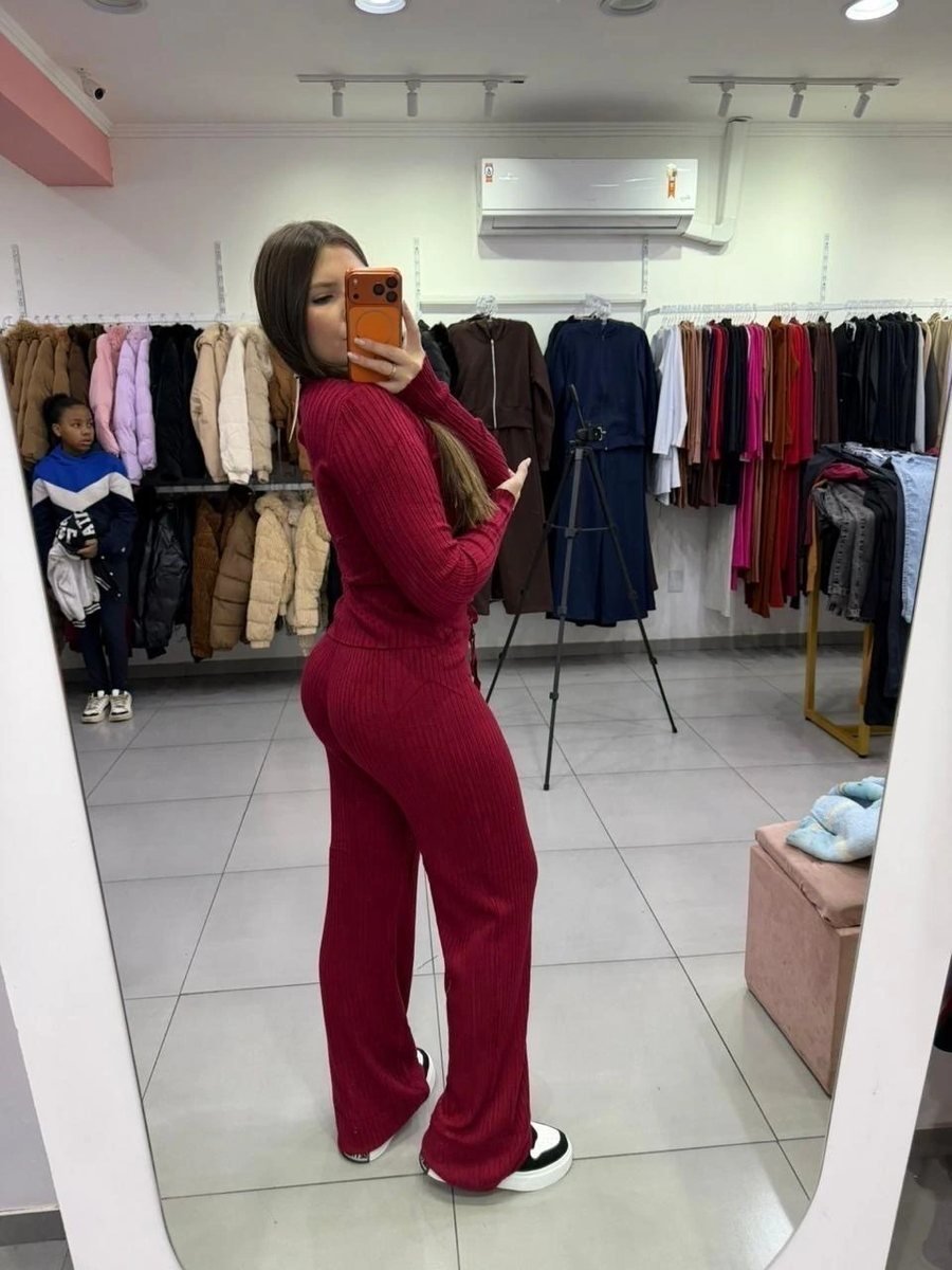 Conjunto Modal Mousse Blusa Botões Gola Polo E Calça Pantalona Bordo, foto 2