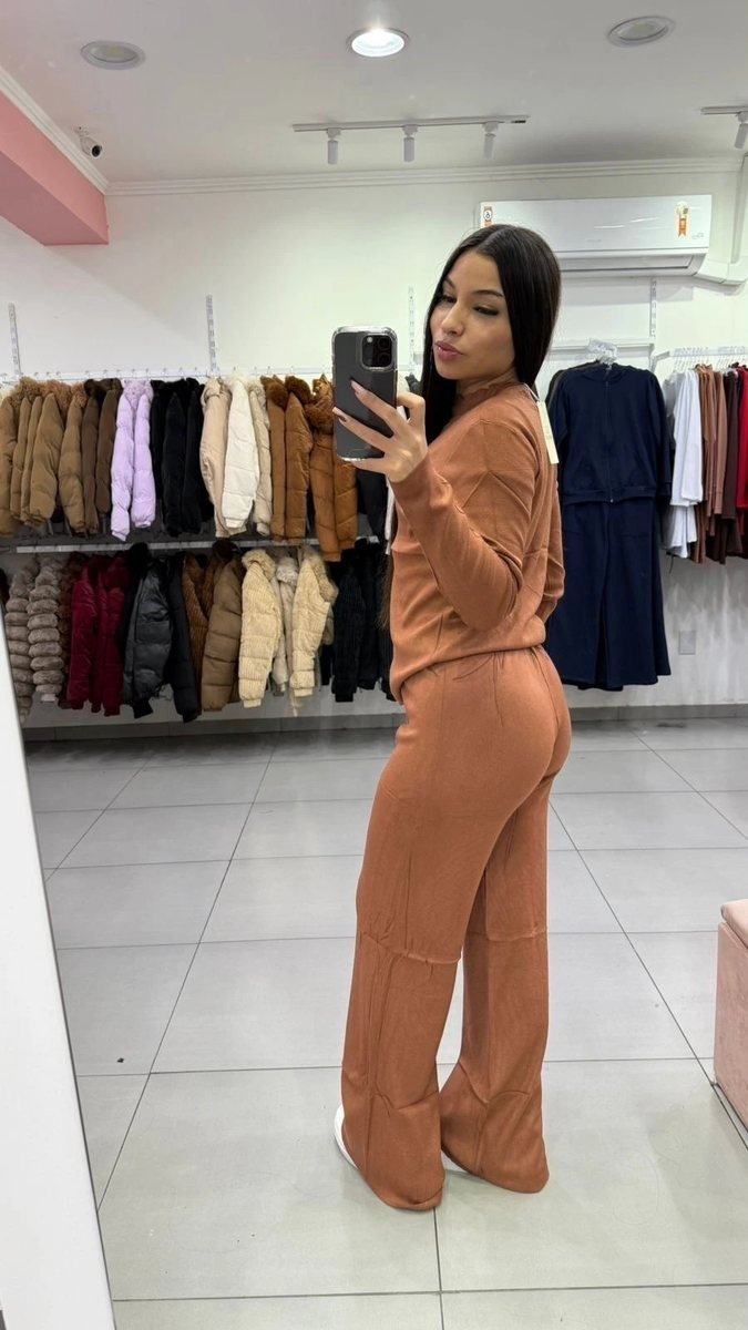 Conjunto Mousse Blusa Básica Com Calça Pantalona Marrom, foto 2