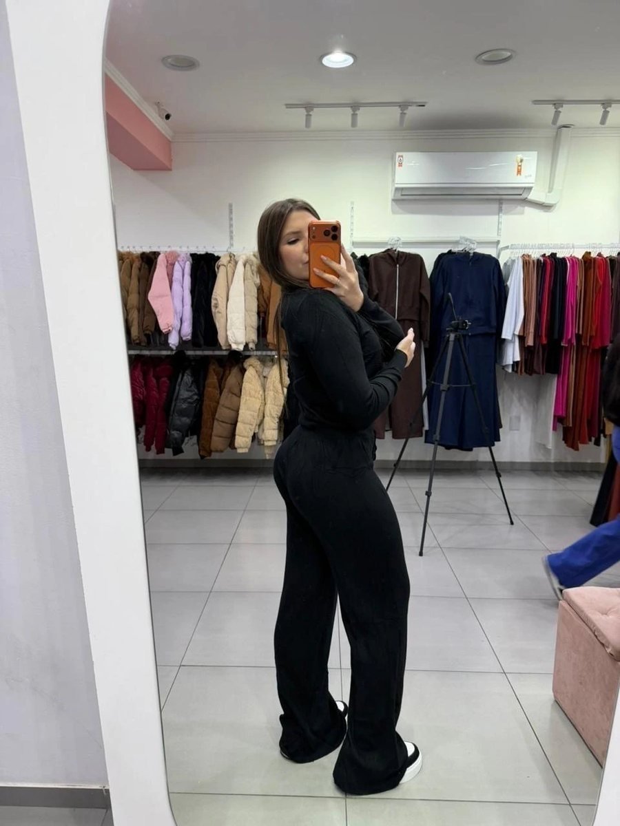 Conjunto Mousse Blusa Com Revê-lo Coração E Calça Pantalona Preto, foto 2